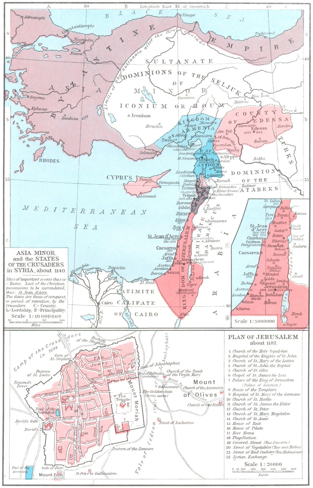 TURKEY. Asia Minor; Crusader states in Syria, c 1140; Jerusalem c 1187 1956 map